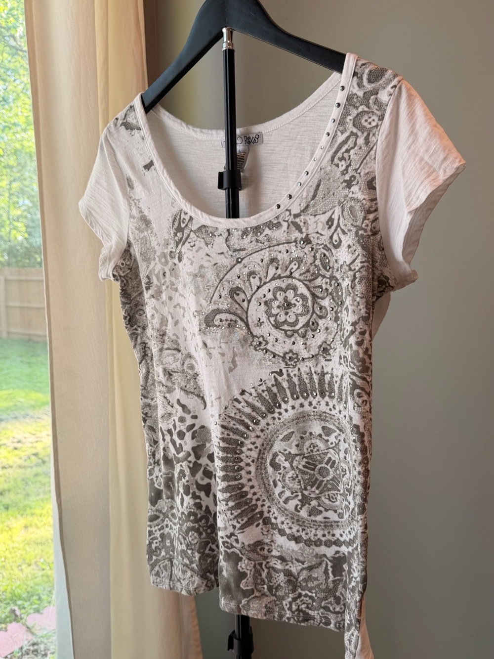 Vintage Y2K RxB Paisley Studded Cotton T-Shirt L Scoop Neck Short Sleeve Bling - Picture 5 of 8